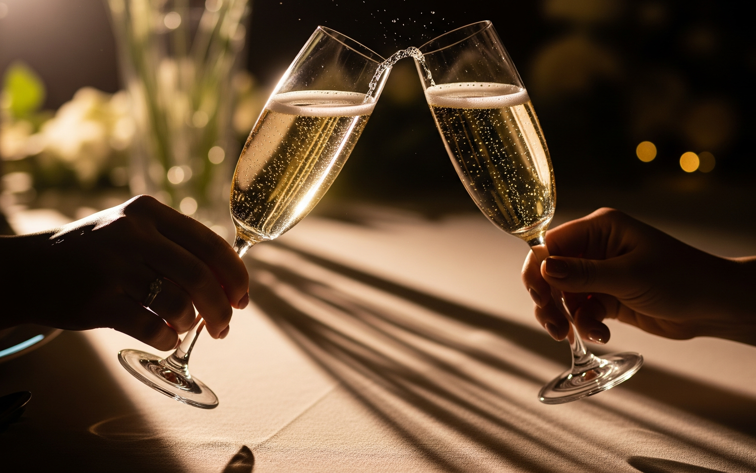 Two people with drinks doing a cheer