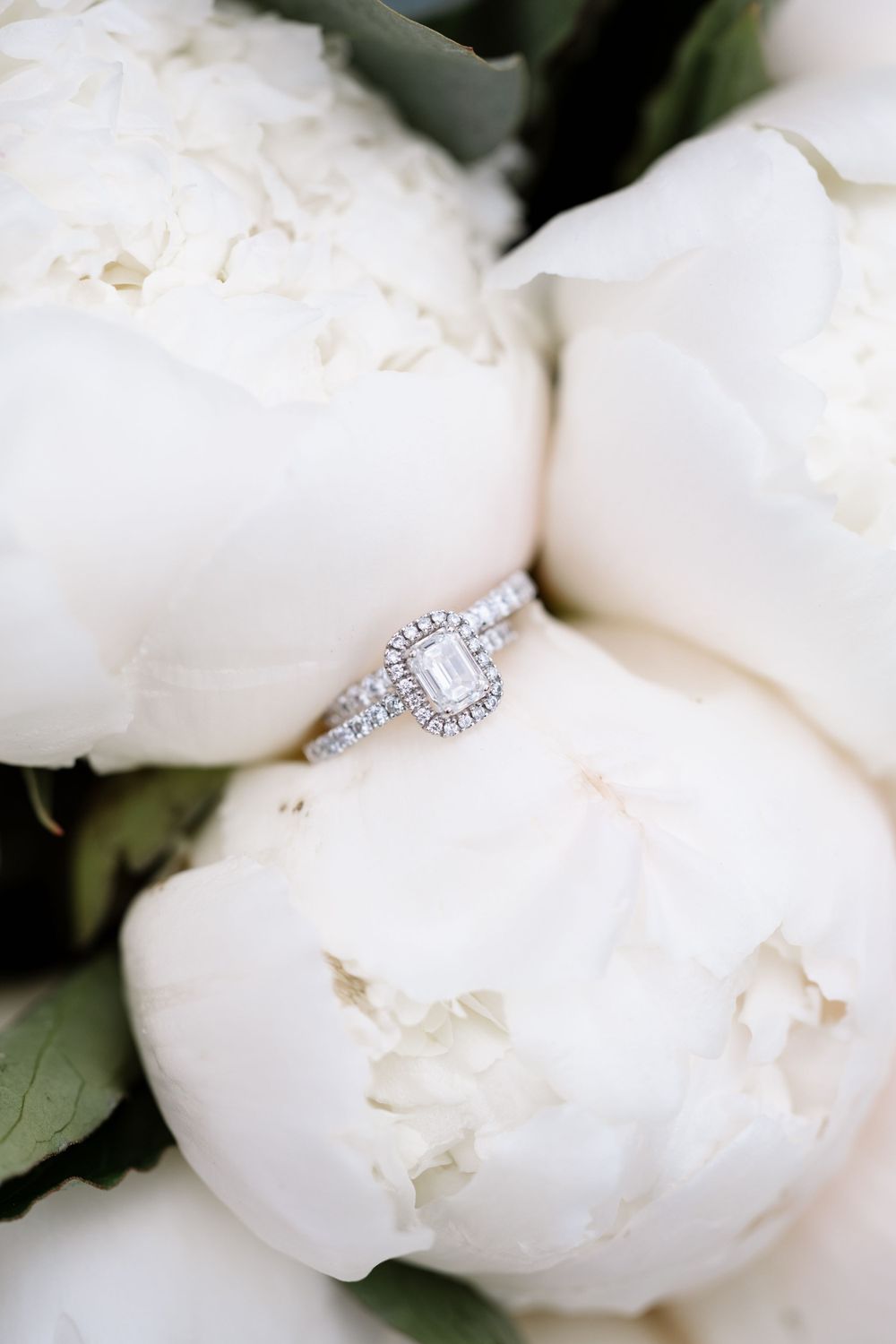 Elegant engagement ring nestled among white peony petals with diamond details.