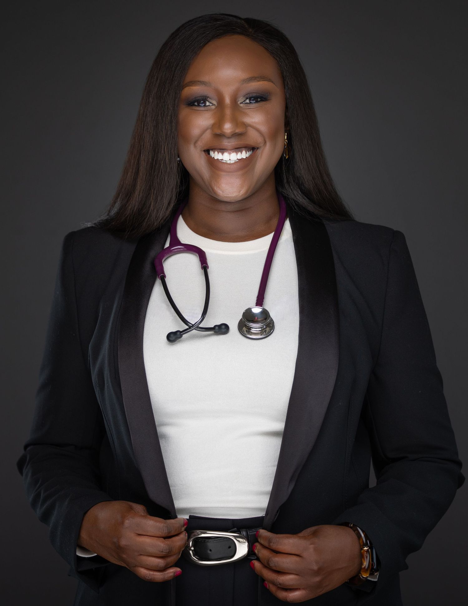 Professional wearing a black blazer and white top with stethoscope shown in multiple cropped poses against dark background.