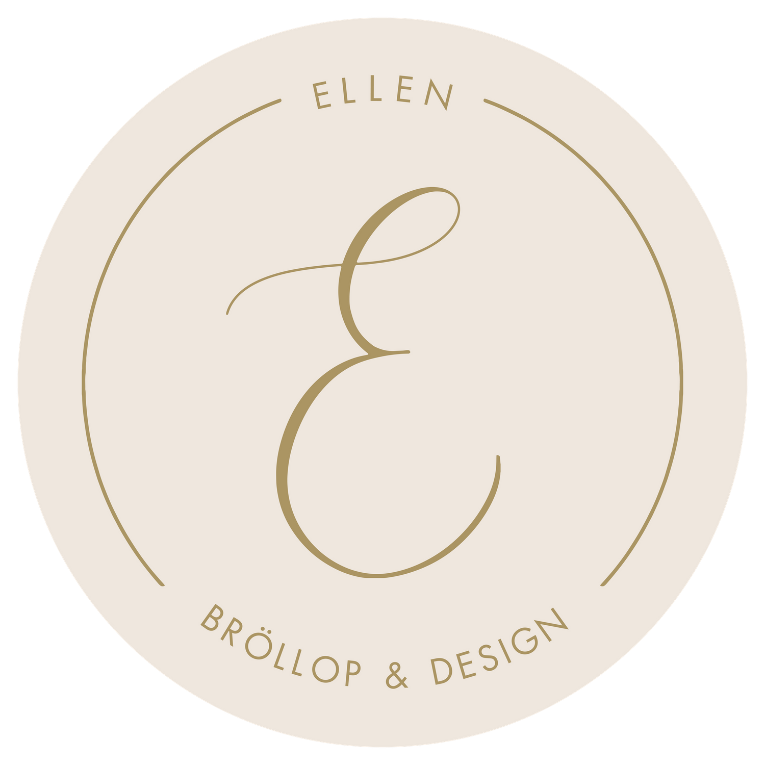 Elegant circular logo for Ellen Brollop and Design with gold script on beige background.
