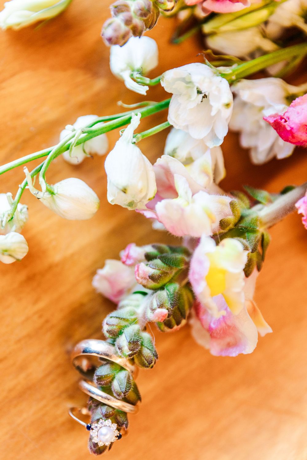 Delicate pink and white flowers lay against a wooden surface with wedding rings intertwined.