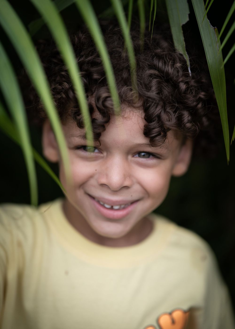 Child in yellow shirt peeking through tropical palm leaves.