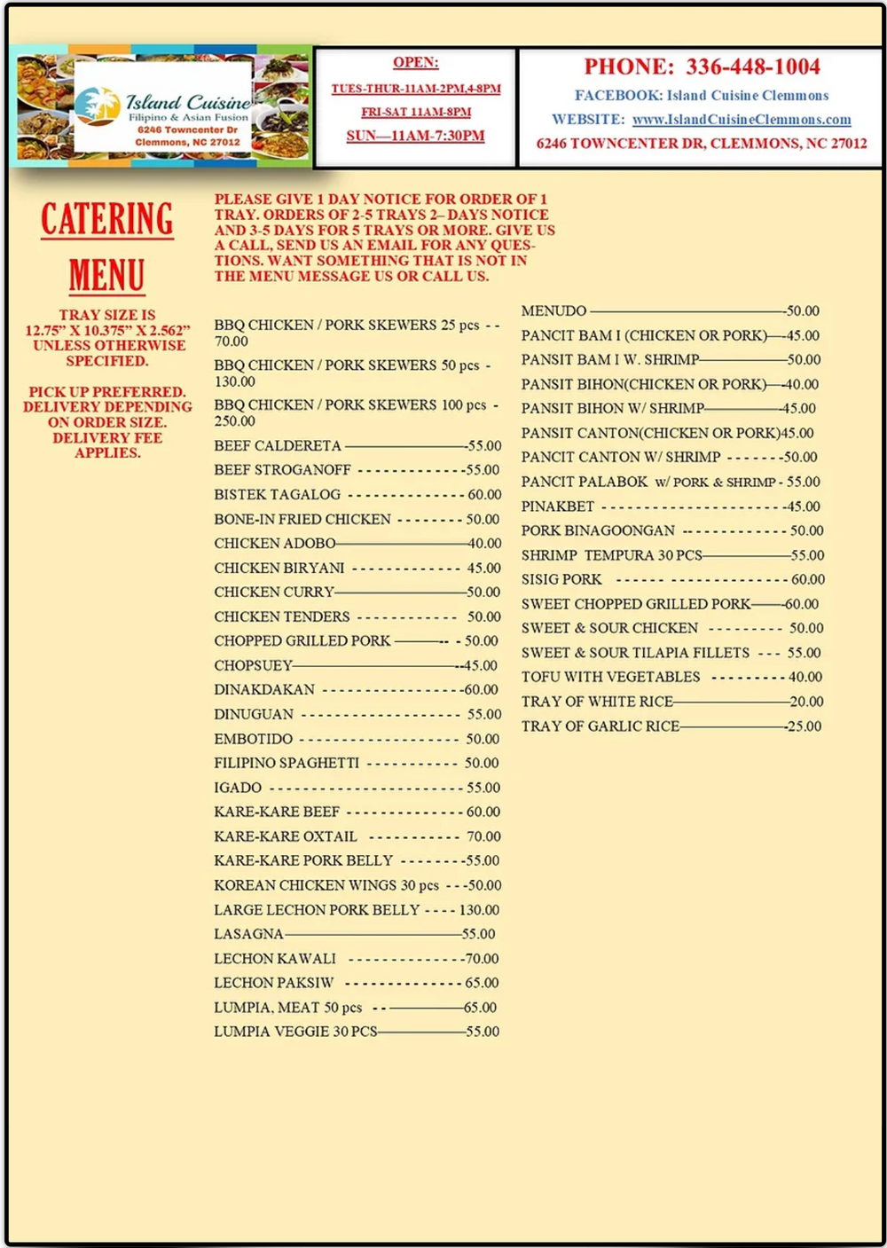Detailed catering menu listing Filipino dishes and prices in two columns.