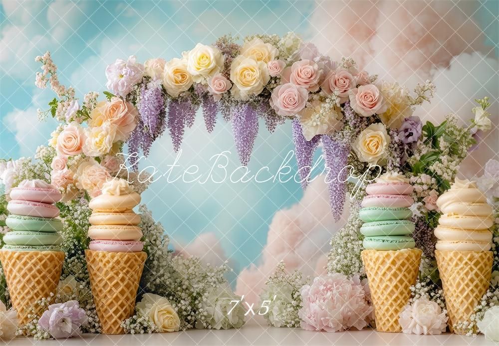 Pastel-colored ice cream cones arranged in a whimsical studio setup with delicate floral decorations and dreamy lighting.