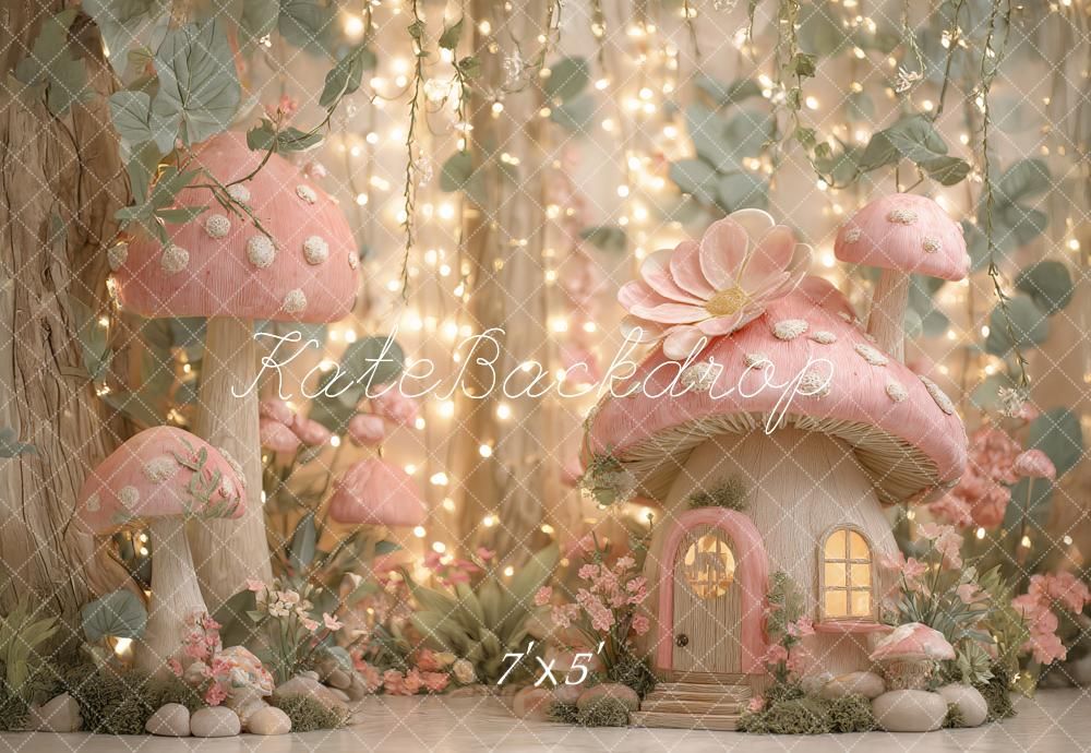 Magical fairy tale scene with pink mushroom houses and twinkling lights in an enchanted forest setting.