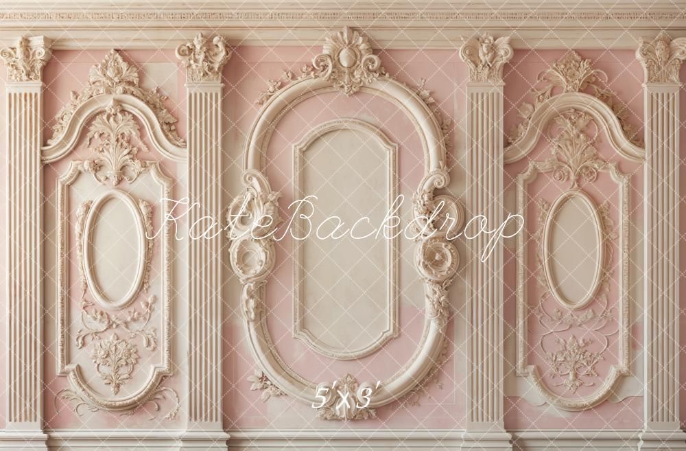Ornate pink wall panel with decorative baroque style moldings and architectural details in pastel colors.