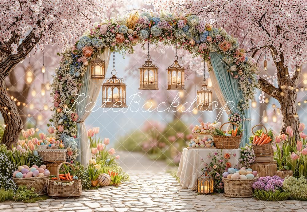 Enchanted garden archway decorated with lanterns, flowers and cherry blossoms creating a romantic spring atmosphere.