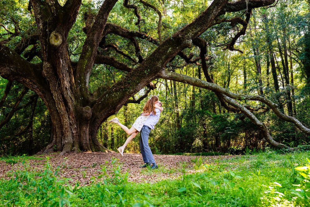 Dancing couple shares a romantic moment under a majestic old oak tree in a lush green forest setting.