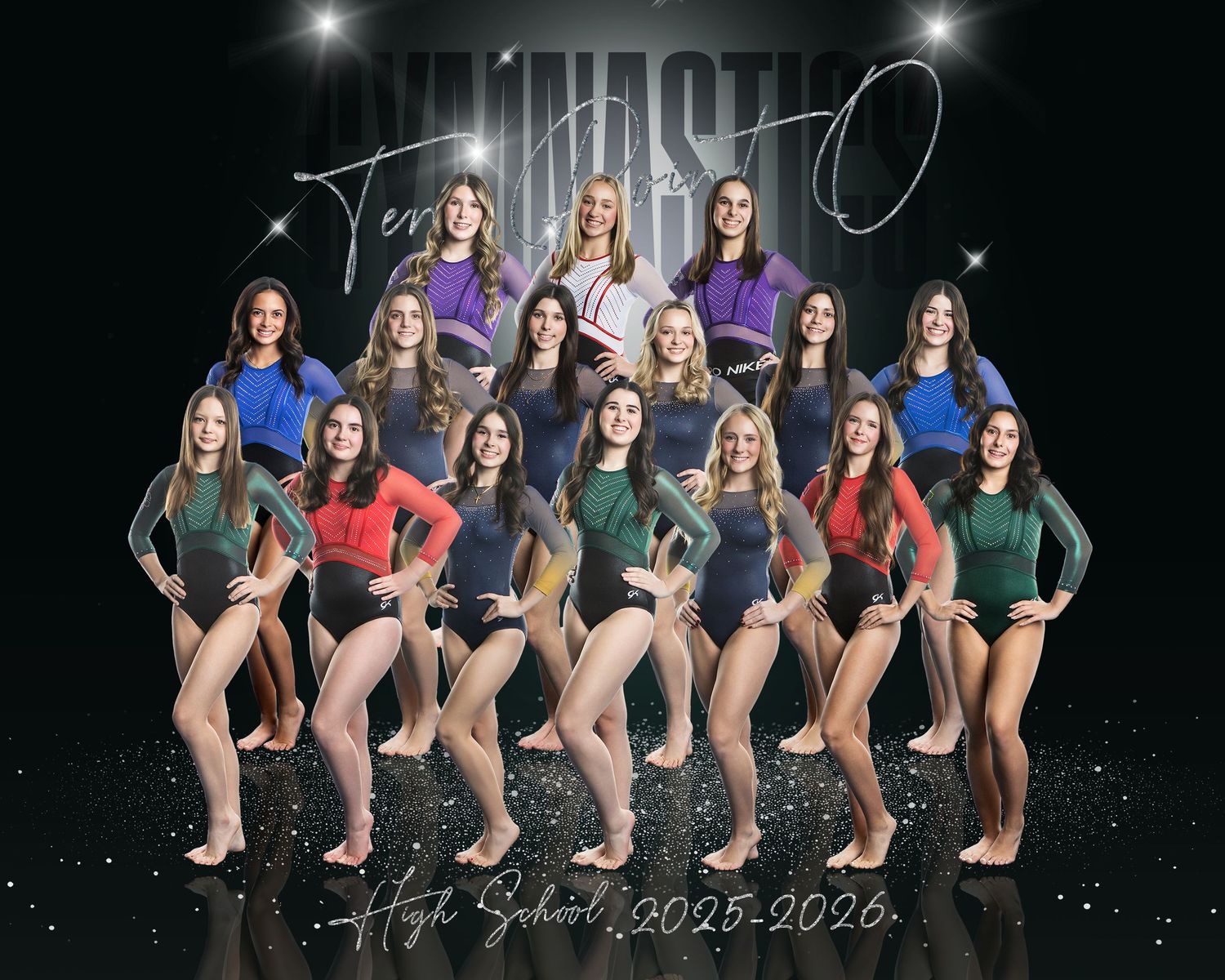 Dance team members pose in matching outfits for a professional studio photo shoot with dramatic lighting effects.