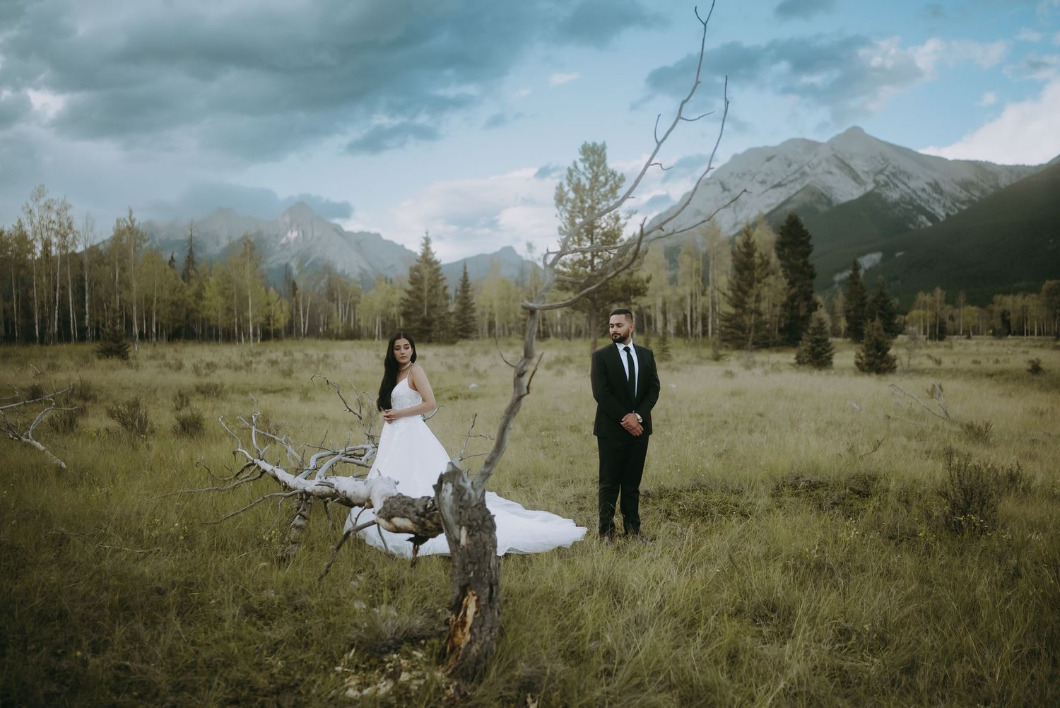 Scenic wedding photo in a mountain meadow with dramatic cloudy skies and distant peaks.