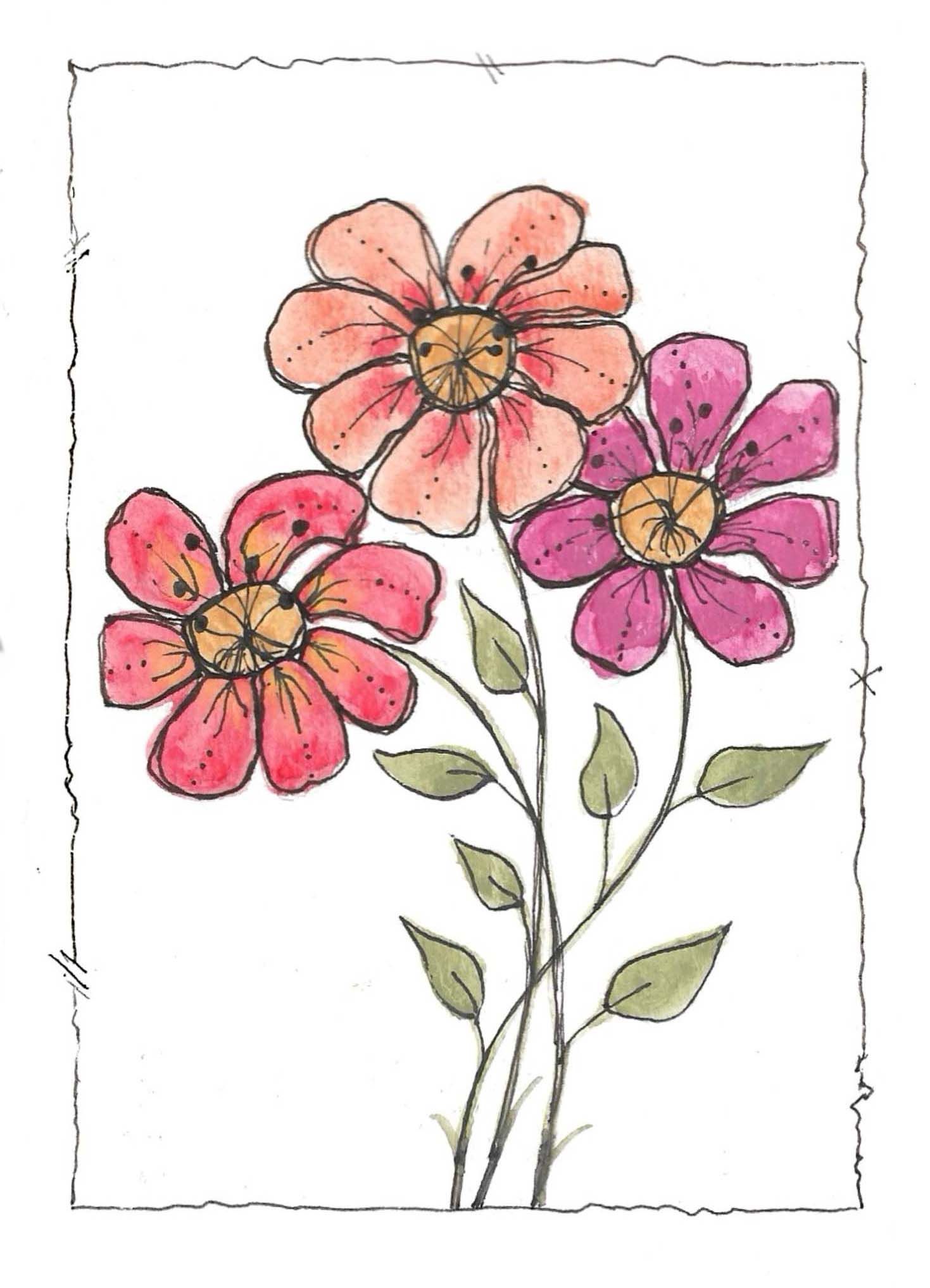 Sequential watercolor panels showing pink flowers blooming with delicate stems and leaves.