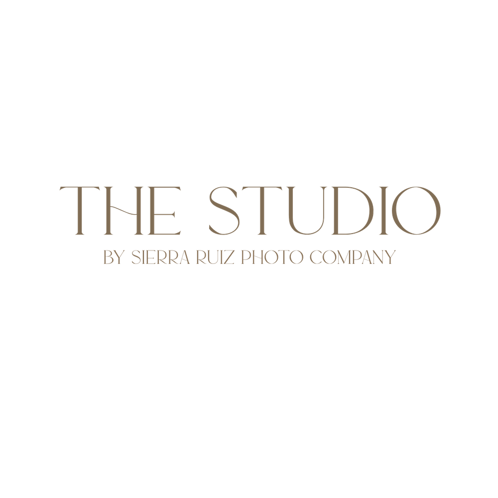Elegant gold text logo design for 'The Studio by Sierra Ruiz Photo Company' on black background.