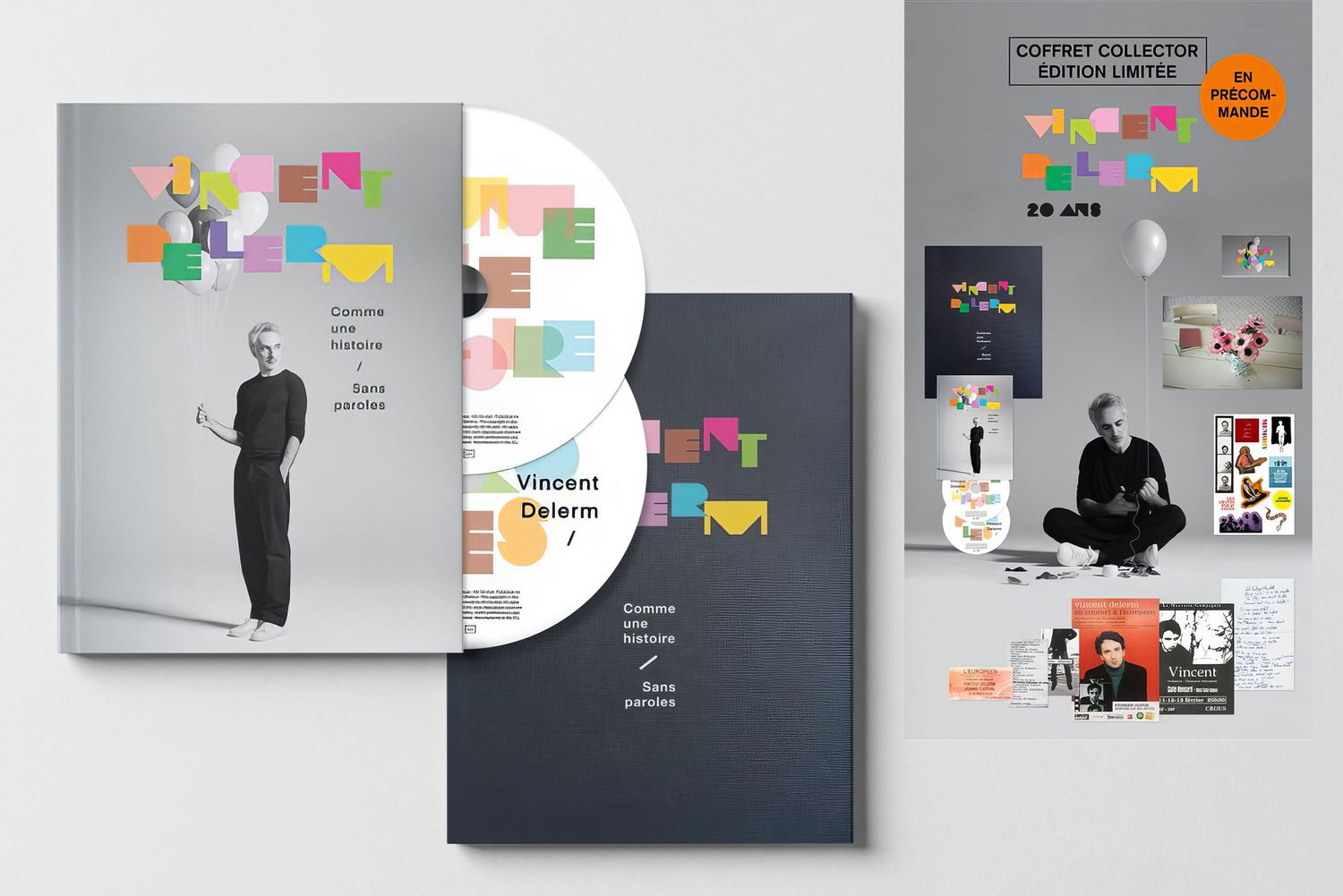 Contemporary album packaging design with CD, booklet and minimalist graphic elements.
