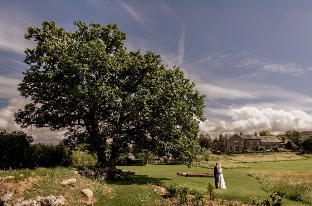 Bride and groom standing beneath a large oak tree on lush green grounds with a country estate in the background.