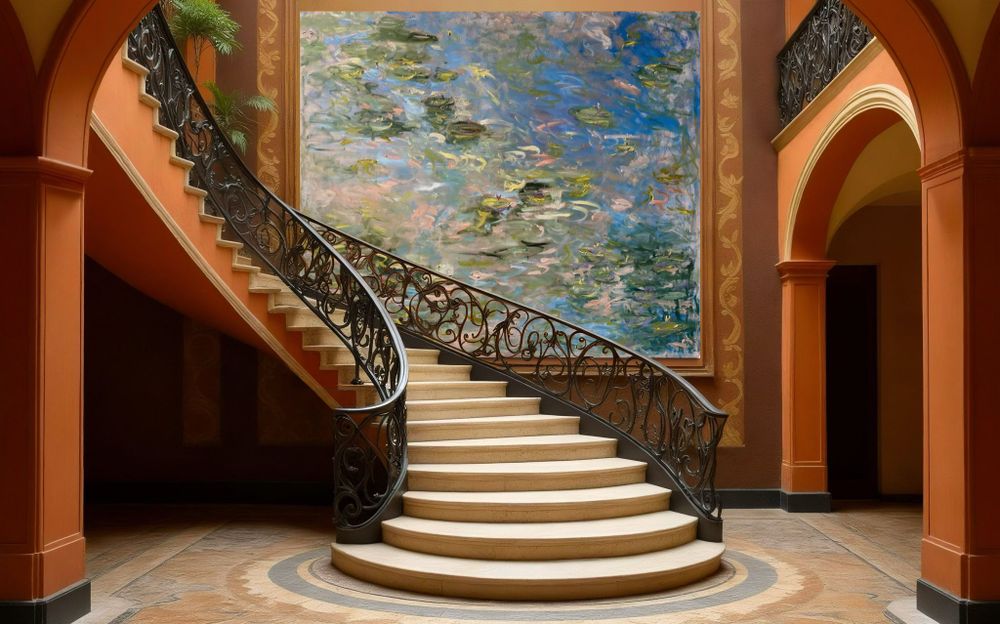 stunning large-scale impressionist water lily mural wall and floor-to-ceiling windows. Kim Ahonoukoun Monet mural wallpaper