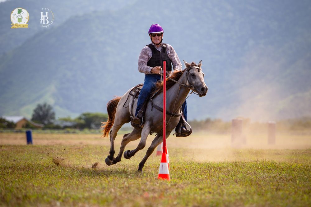 A rider on horseback gallops quickly around a pole marker on a dusty field during an equestrian competition.