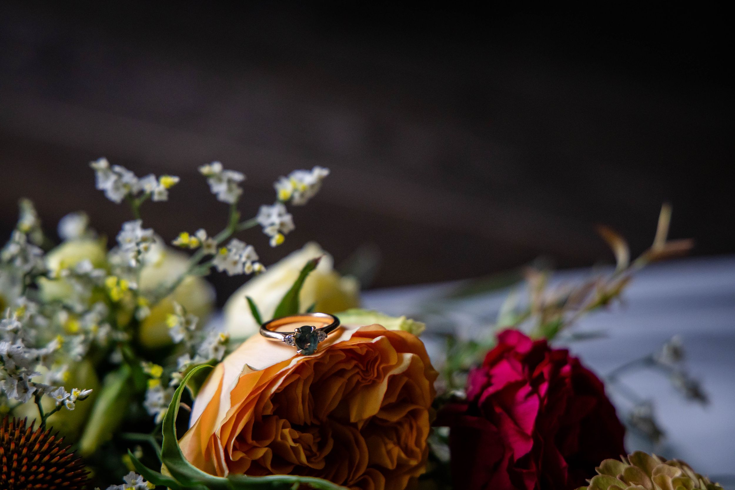 Artful macro photography of wedding flowers featuring deep red roses and delicate white blooms.