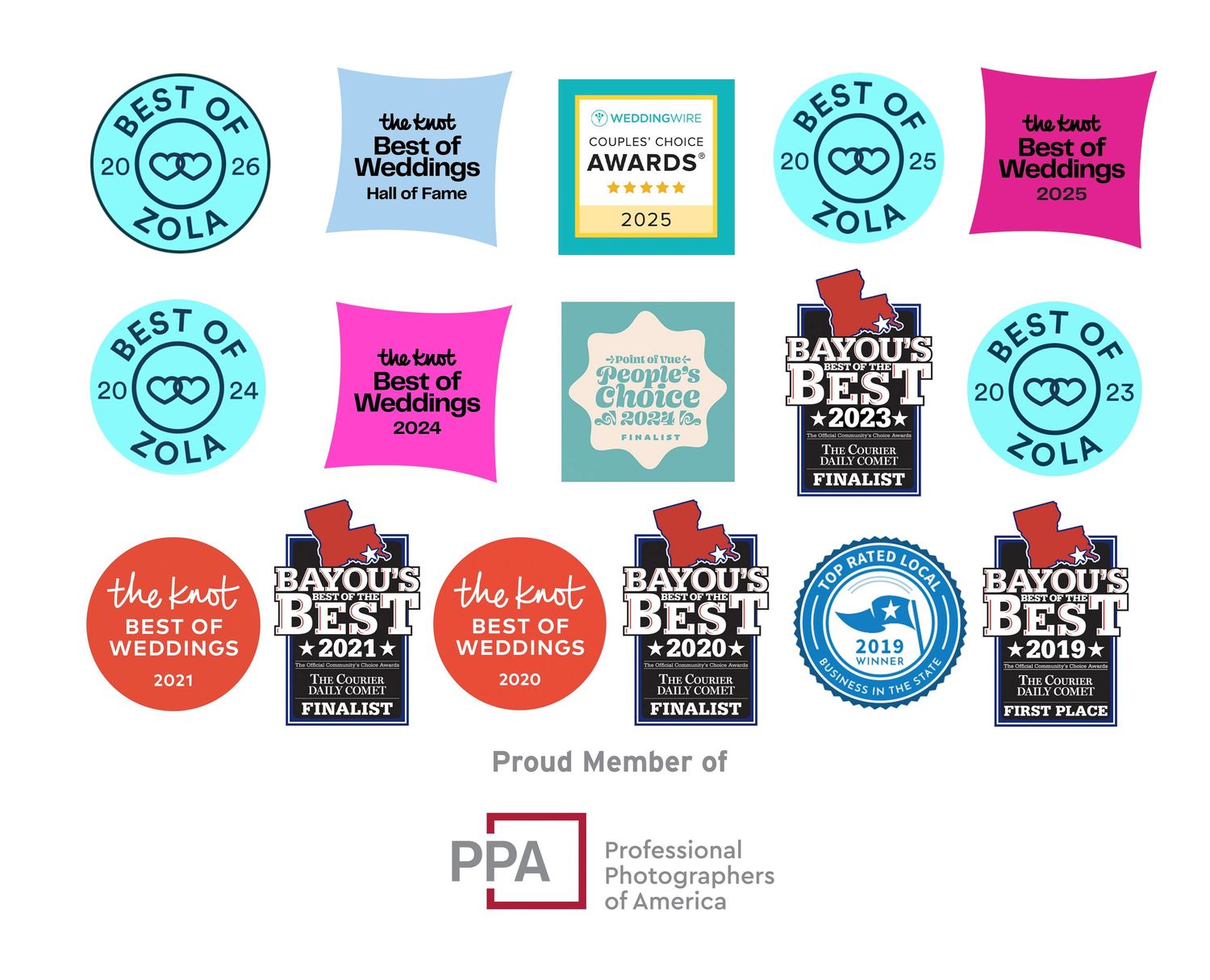 Collection of photography awards and professional membership badges in blue, pink and black colors.