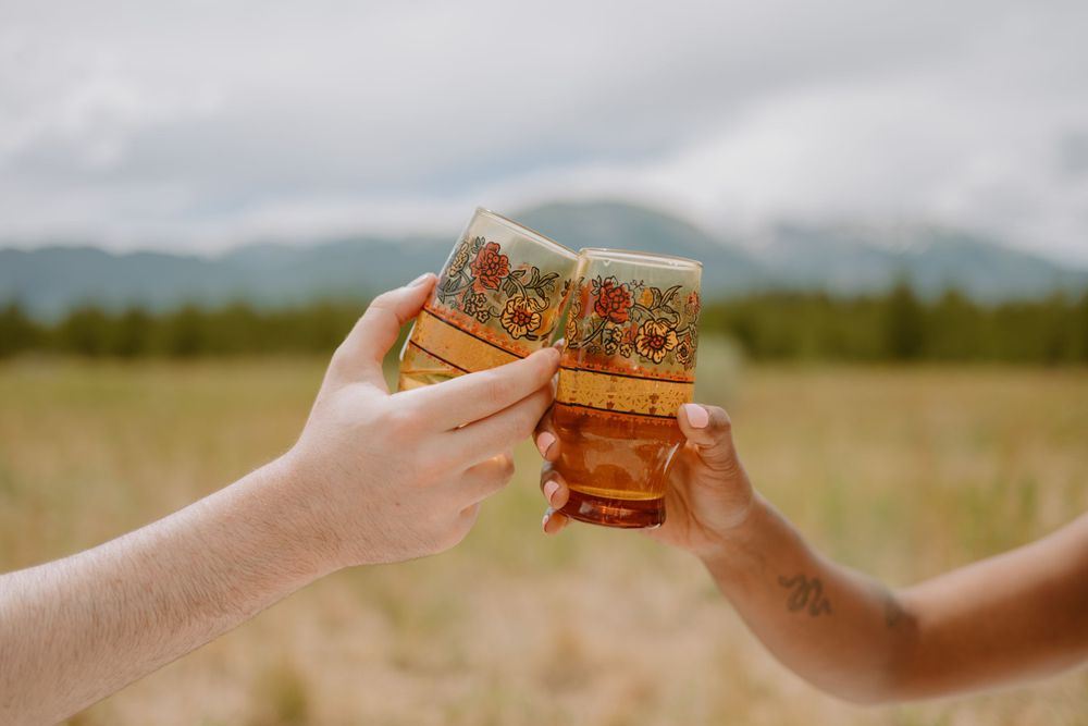 Two hands clinking colorful floral glasses with a scenic mountain background.