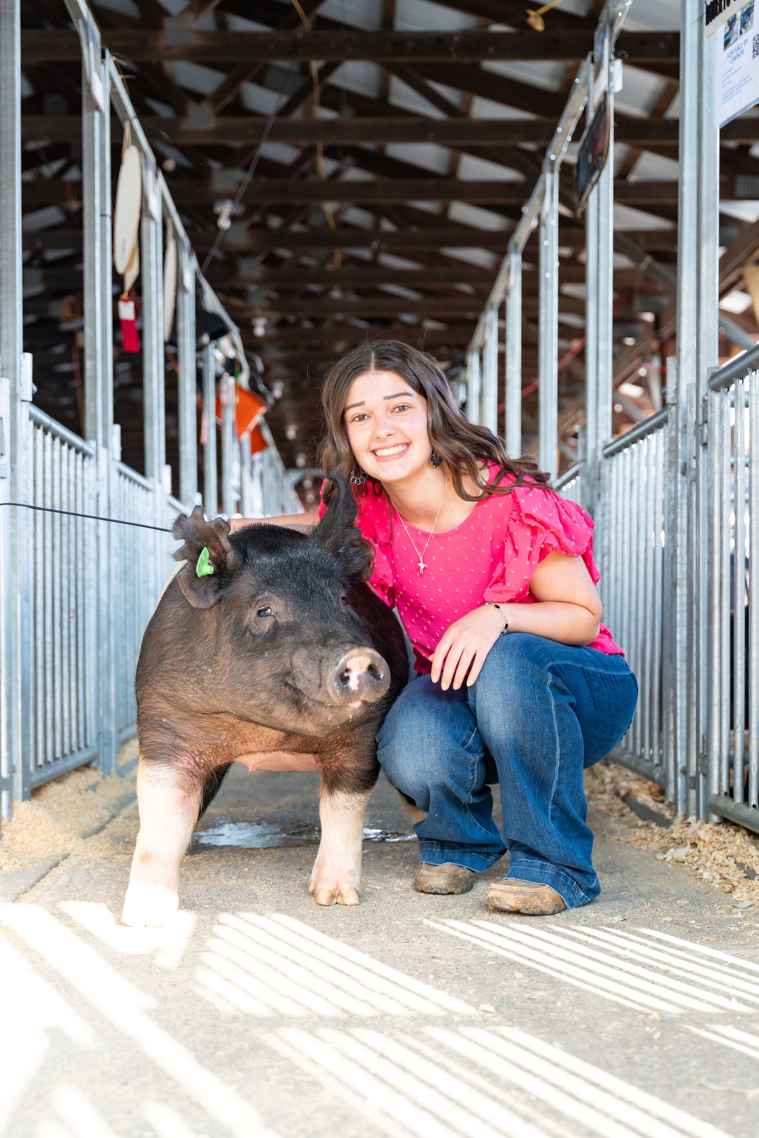 A series of photos showing someone posing with friendly pigs in a barn setting.