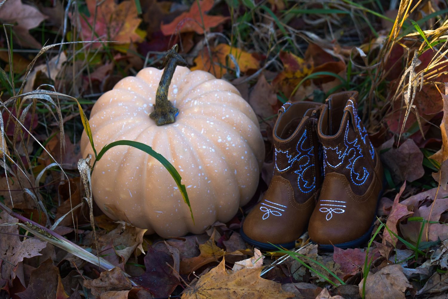 Small baby boots displayed next to a white pumpkin among fallen autumn leaves.