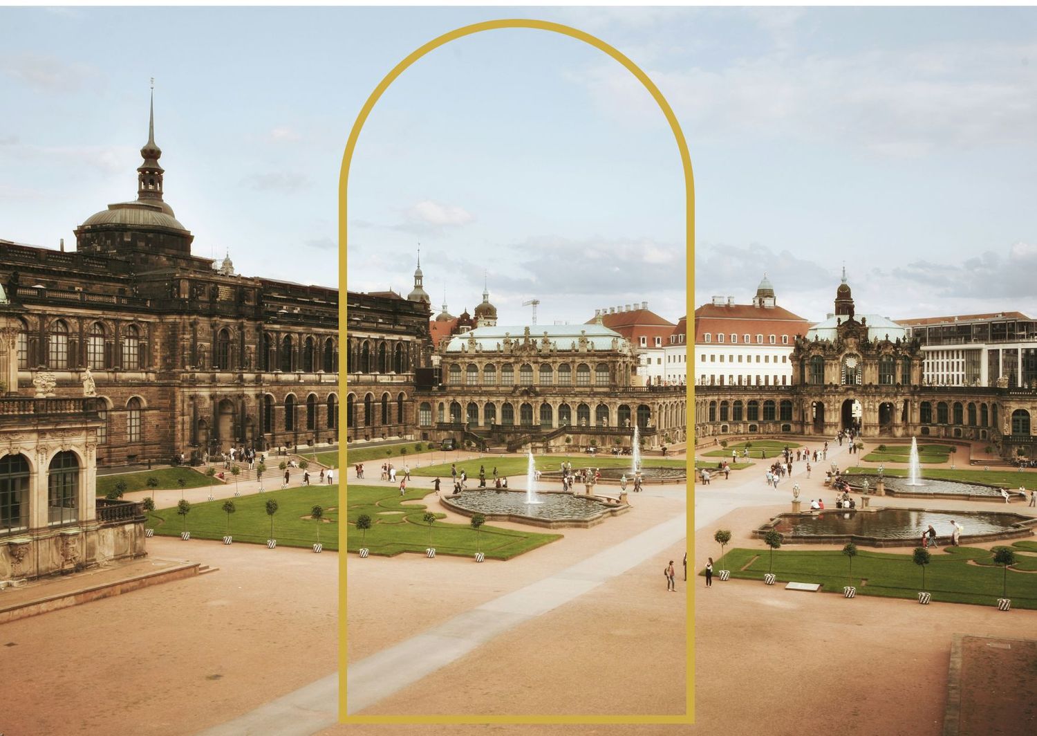 Panoramic view of Dresden Zwinger palace complex with formal gardens and baroque architecture.