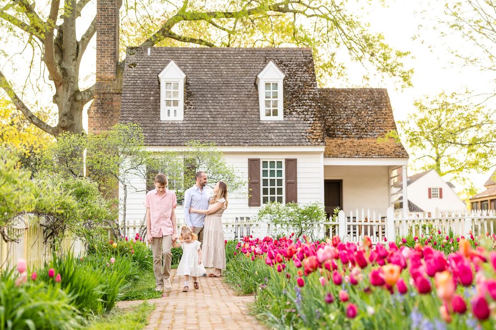 Family portrait in the tulip garden at the Taliaferro-Cole house in Colonial Williamsburg, Virginia.