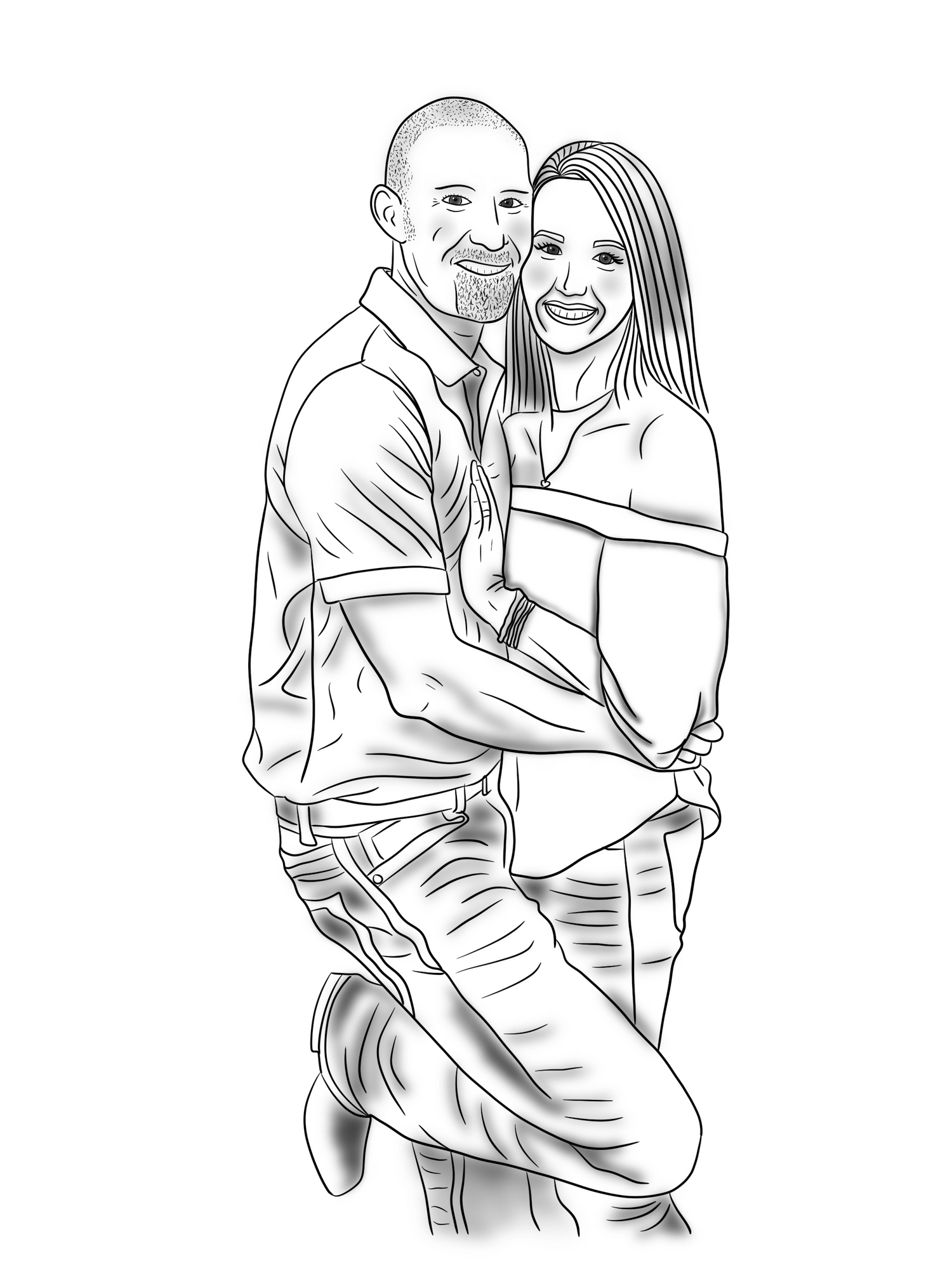 Line art illustration of a romantic couple embracing and smiling.