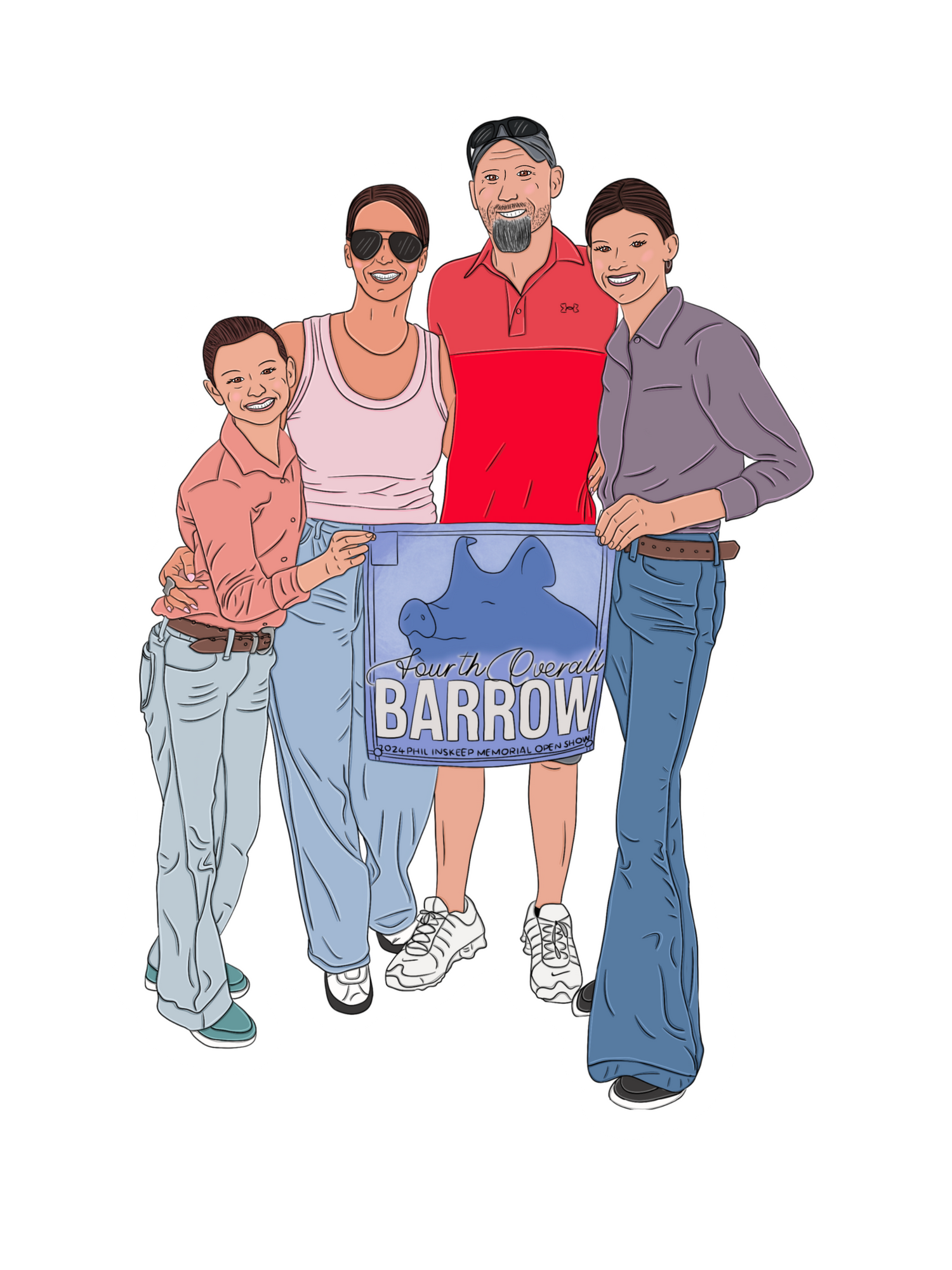 Artistic illustration of a family group holding a Barrow banner.
