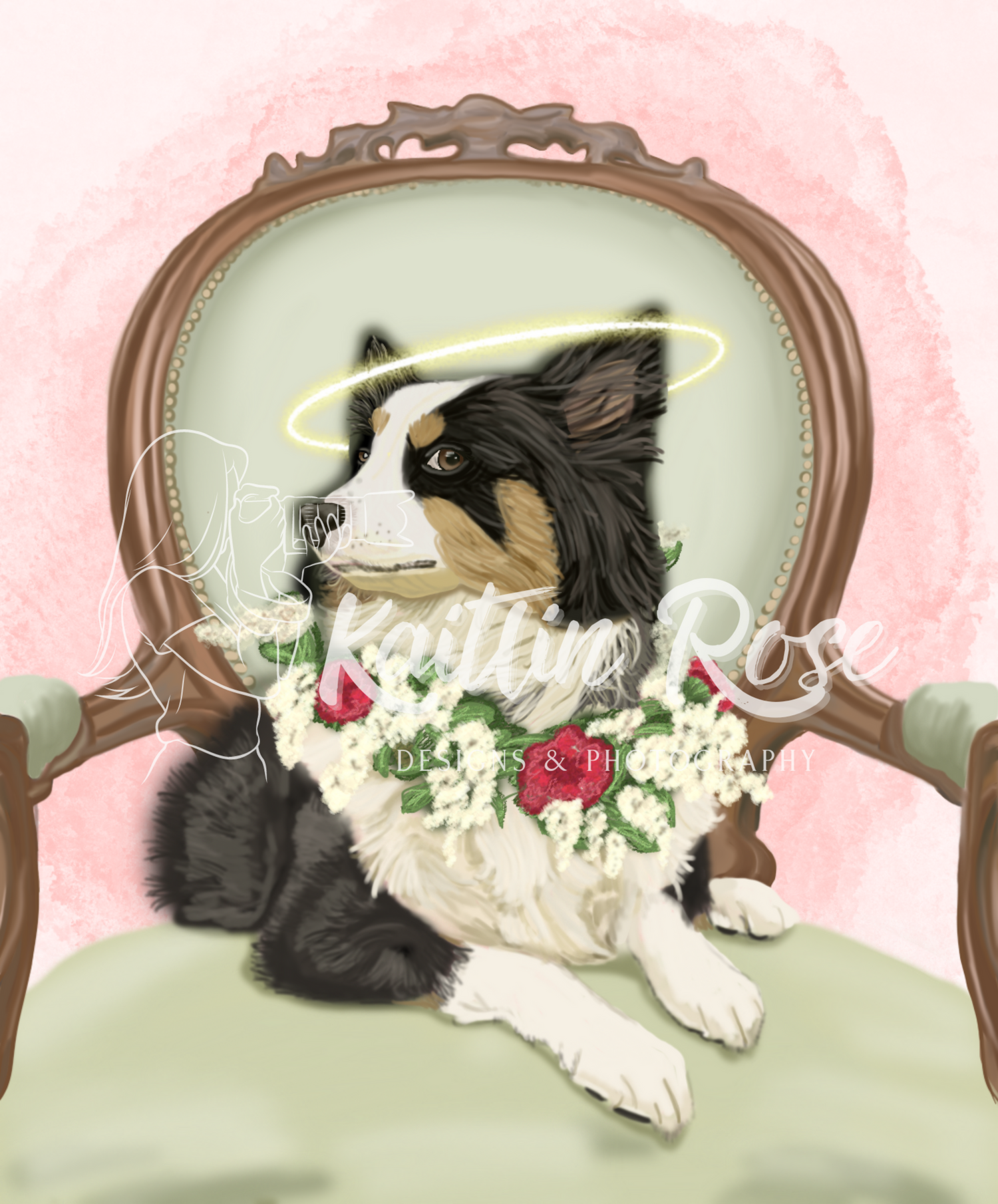 Two cats sleeping on an antique chair with floral decorations and roses.