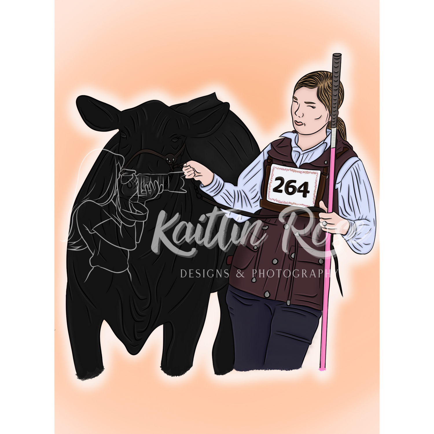 Digital artwork showing clothing items and figure with show number against peach background.