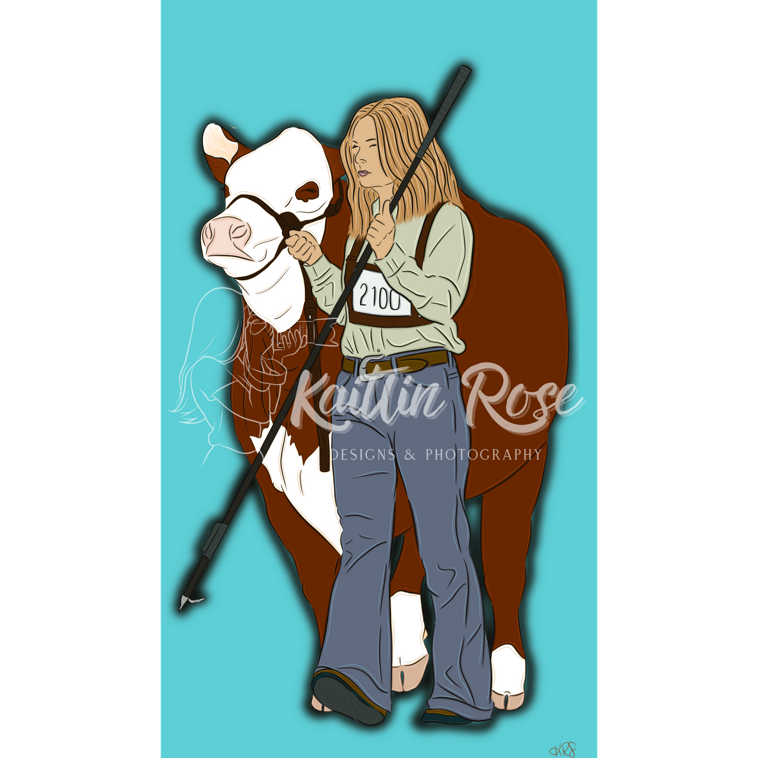 Digital illustration of person with brown cow on turquoise background with watermark.
