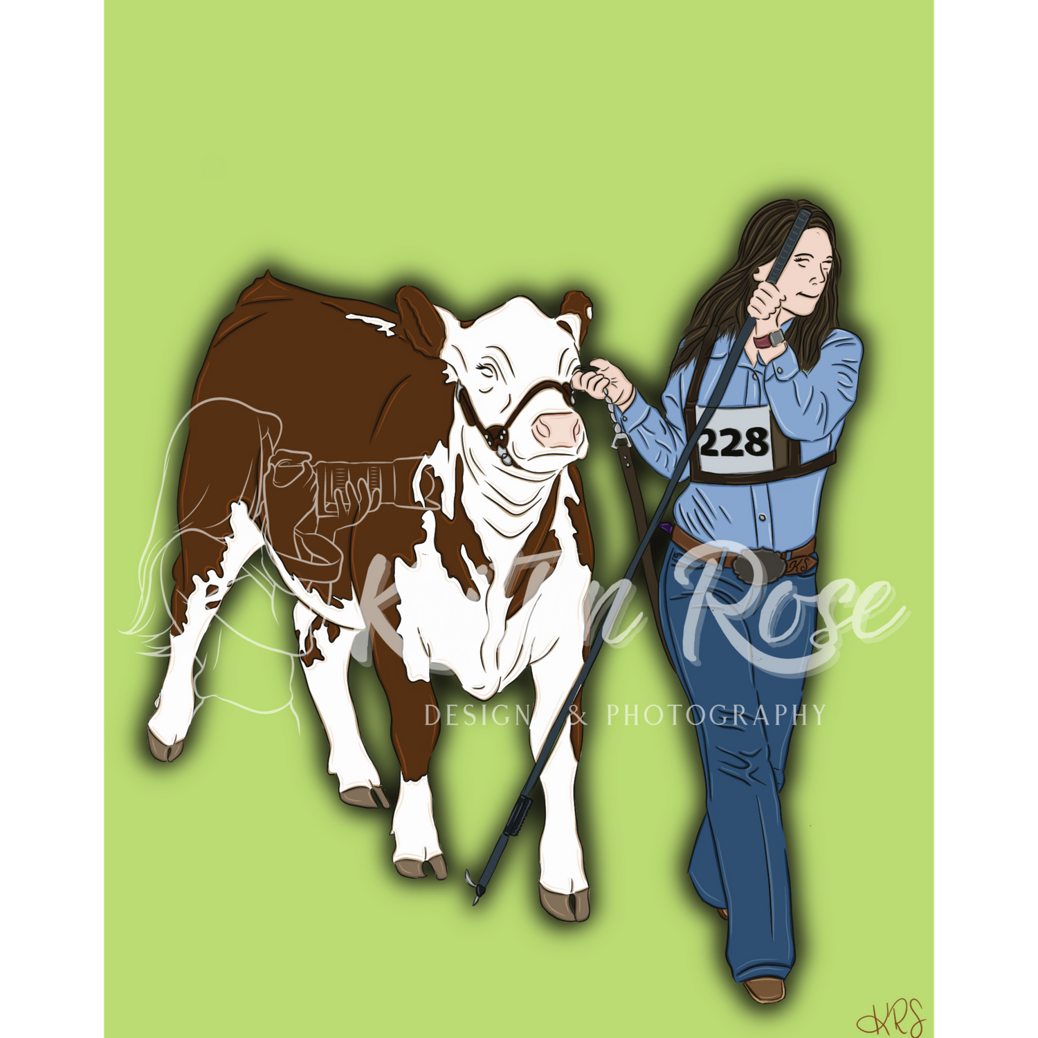 Digital illustration of person with cow on lime green background with watermark.