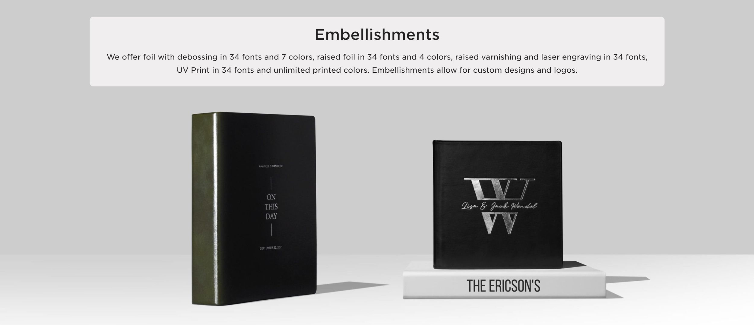 "Elegant, customized wedding album with a leather cover and engraved names of the couple