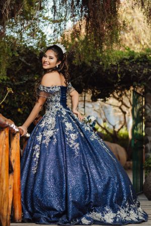 Person wearing navy blue ball gown with floral details poses in garden setting.