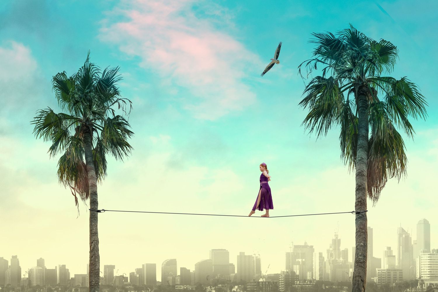 Surreal digital art of a figure walking on a tightrope between palm trees with a city skyline in the background.