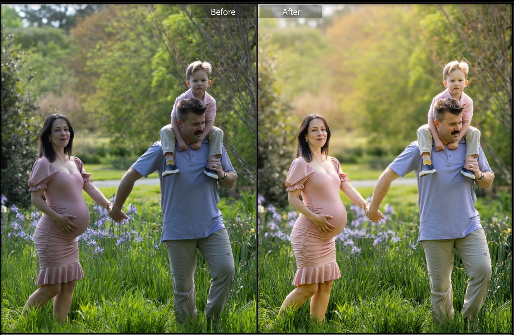 Side by side comparison of edited outdoor family portrait with children in spring garden setting.