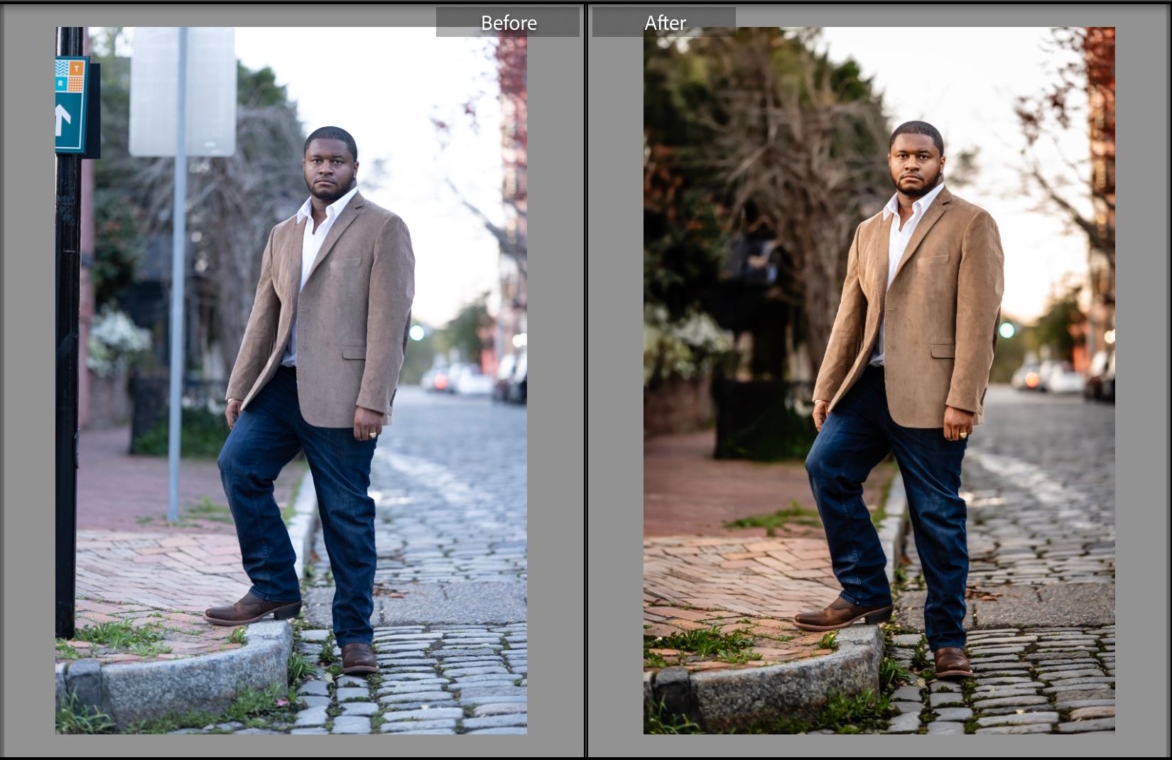 Before and after photo edit of casual portrait on cobblestone street in tan blazer and jeans.