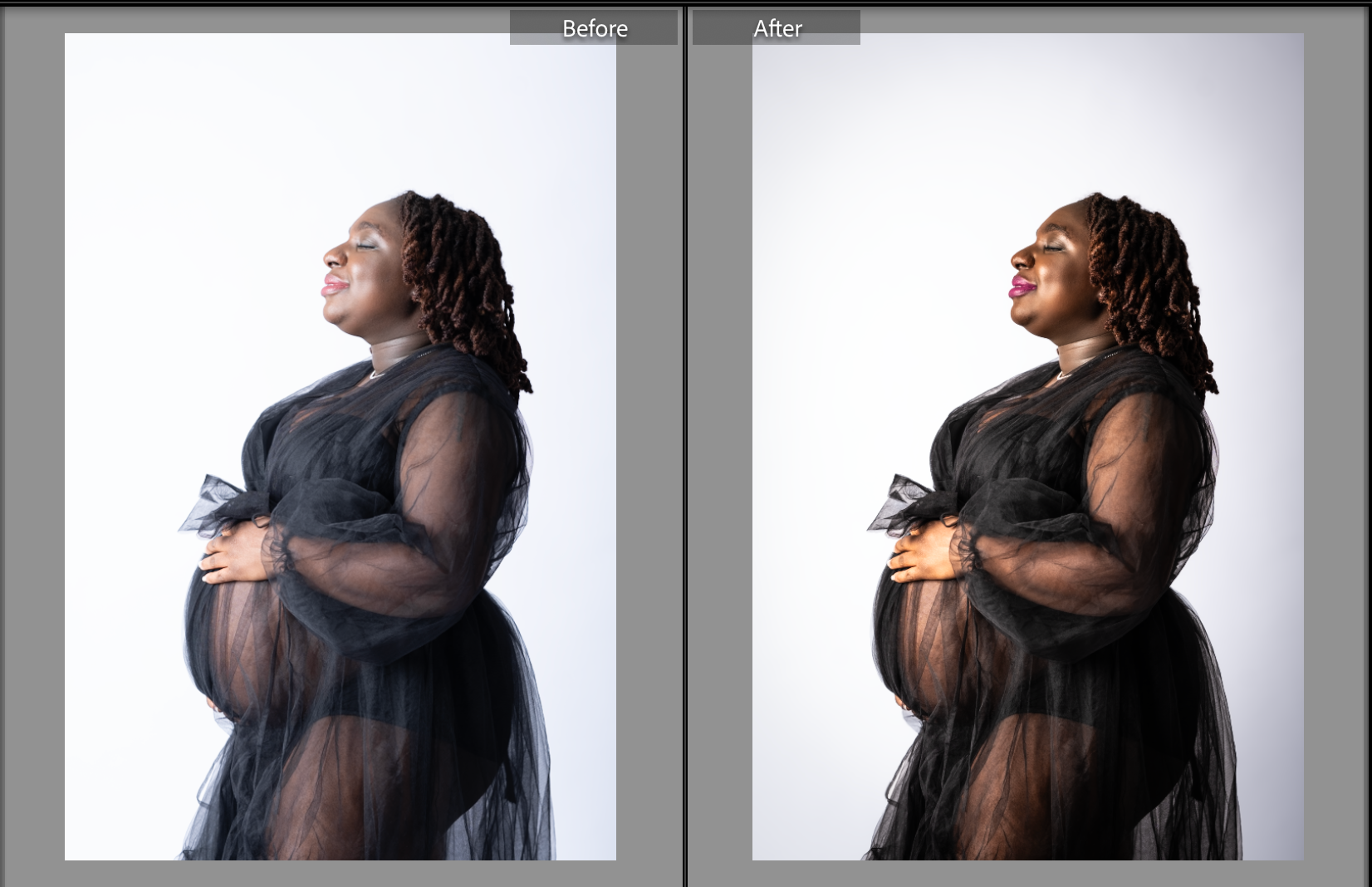 Side by side comparison showing maternity portrait in sheer black dress against light backdrop.