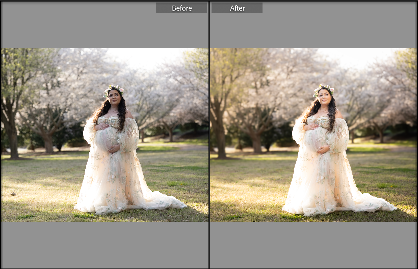 Before and after edit of bridal portrait under blooming cherry trees in flowing white dress.