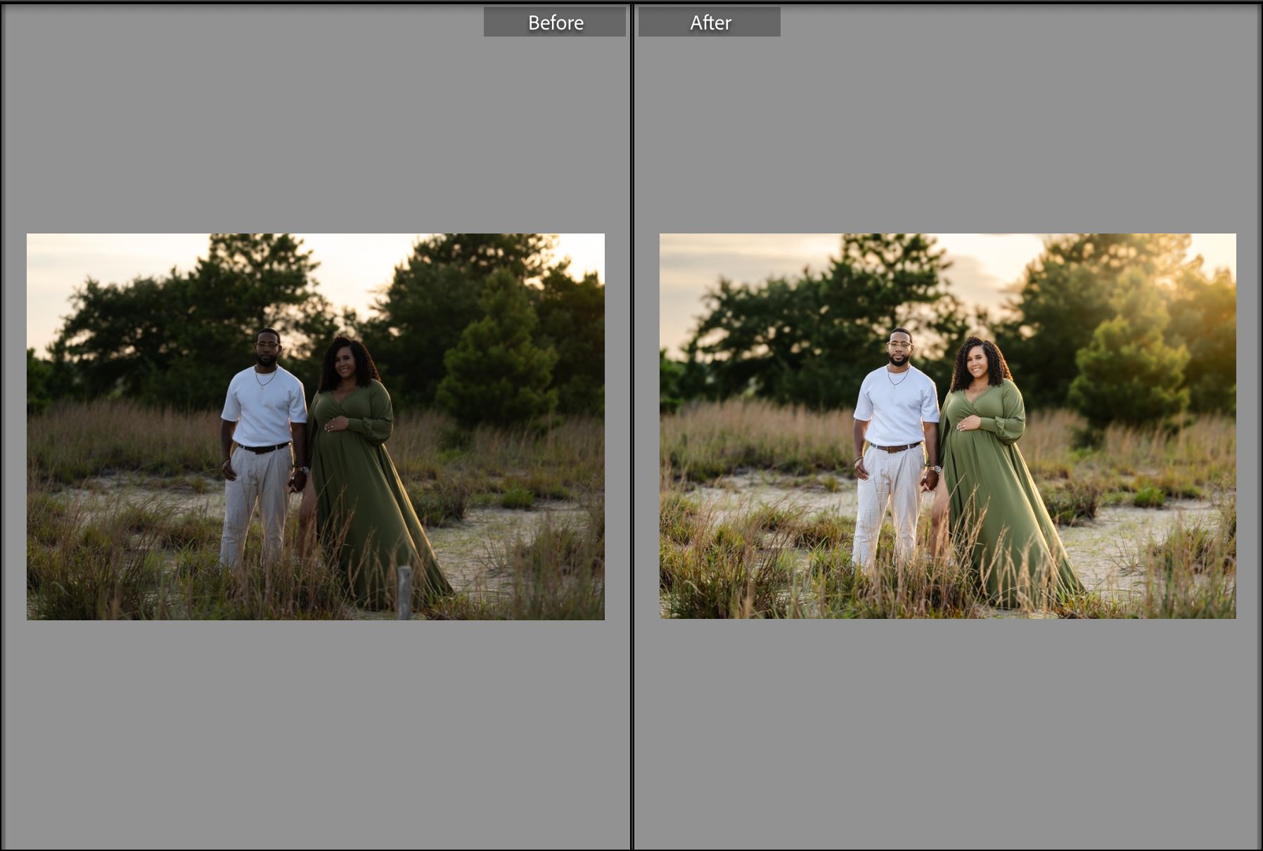 Two outdoor landscape photos during golden hour feature a photographer with a tripod set up in grassy terrain.
