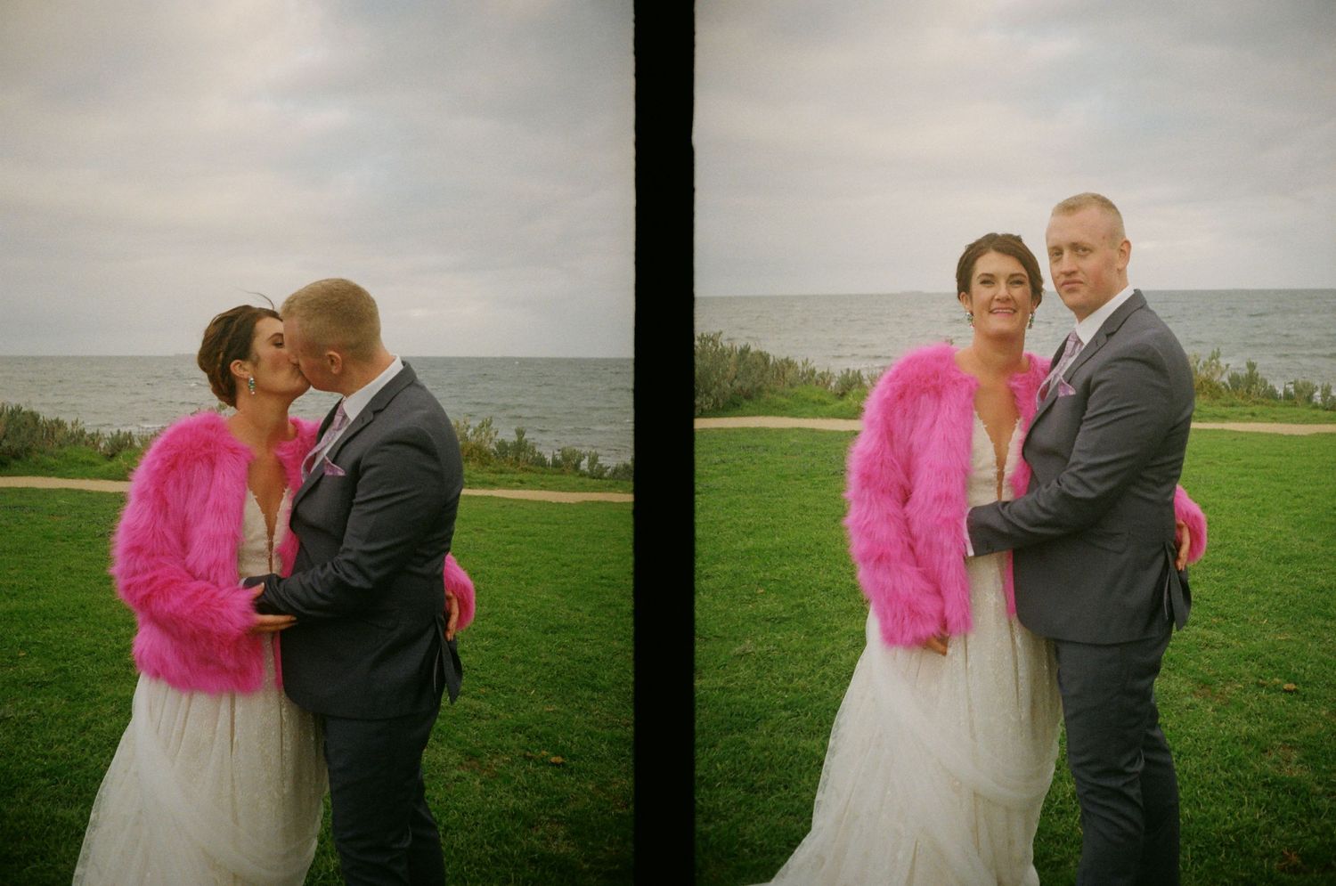 couple on their wedding day kissing and cuddling in front of the Bay in Williamstown, Victoria