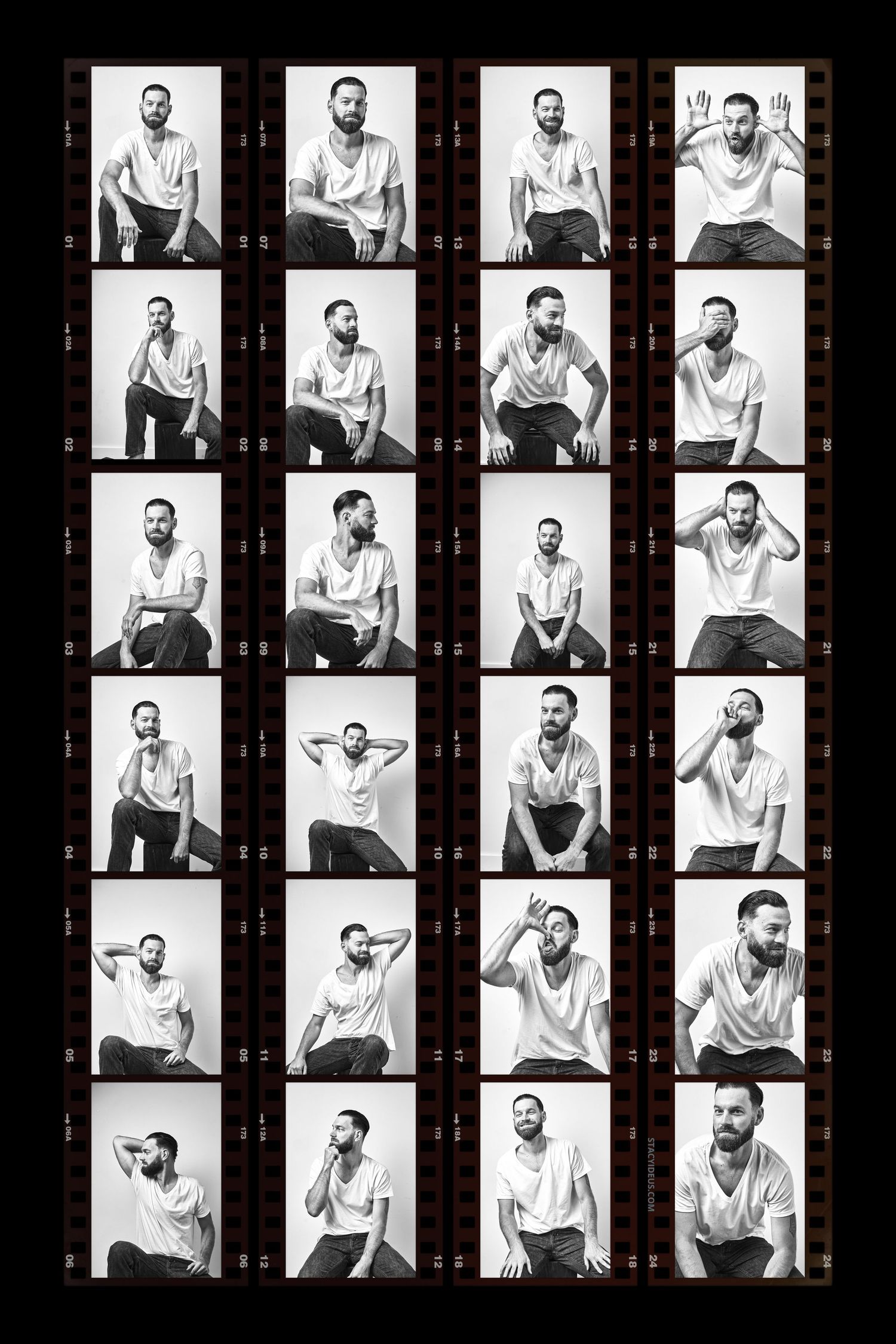 Contact sheet showing multiple black and white portrait expressions and poses in studio setting.