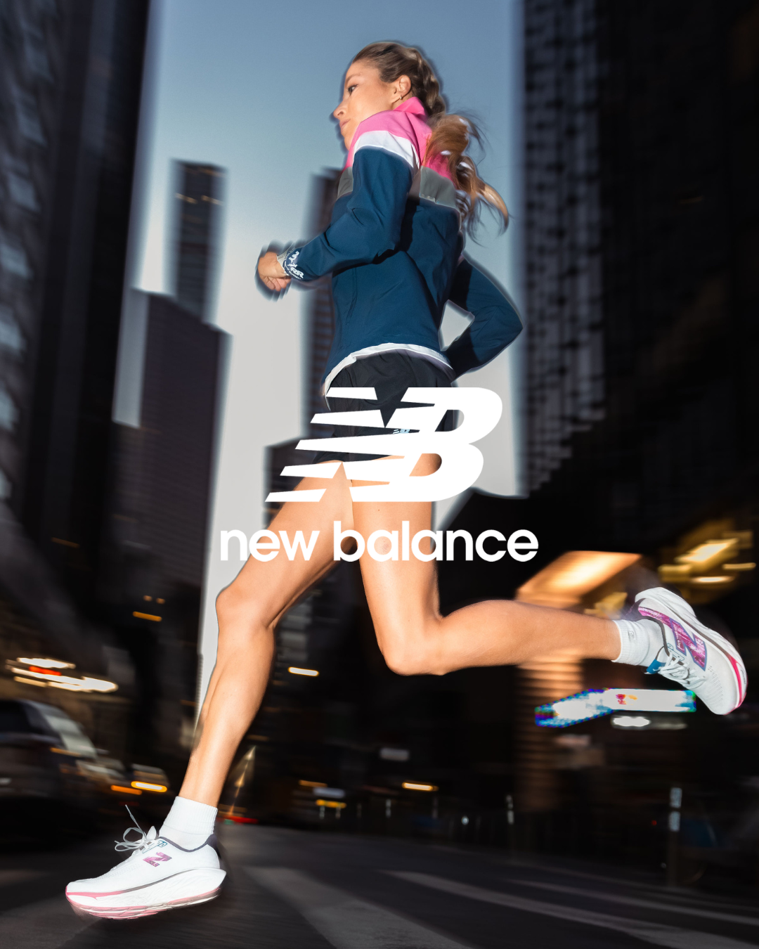 Dynamic New Balance advertisement showing runner in motion against urban cityscape.