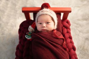 A newborn baby wrapped in a cozy burgundy blanket with a white knit hat lies on a soft furry surface.
