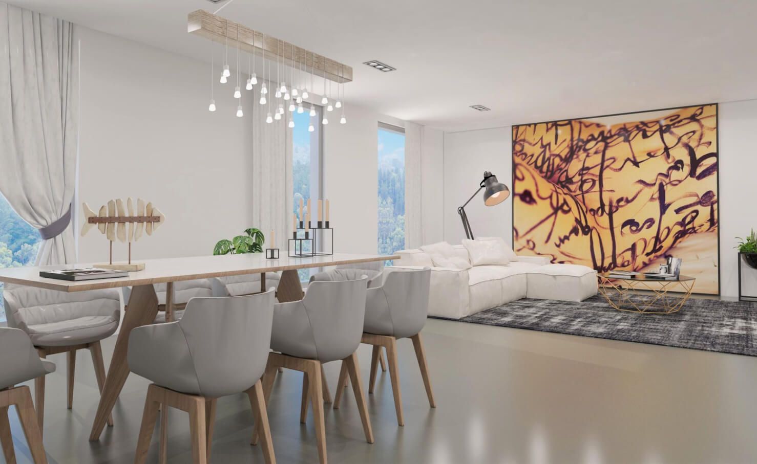 Modern dining room with chandelier, gray chairs, and abstract wall art in warm tones.