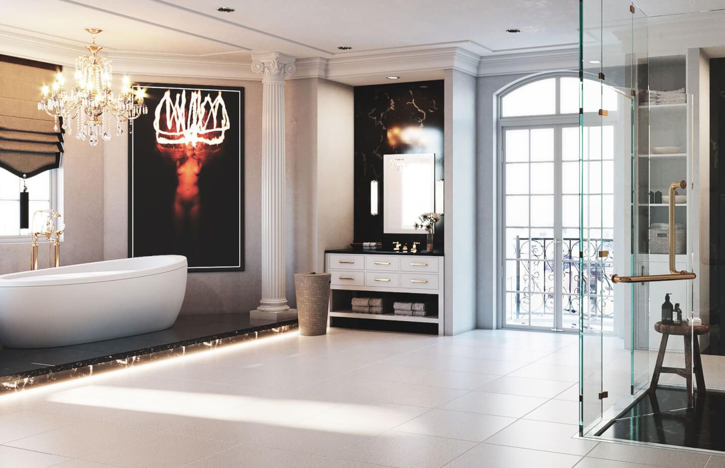 Luxurious bathroom with chandelier and bold black art pieces against white walls.
