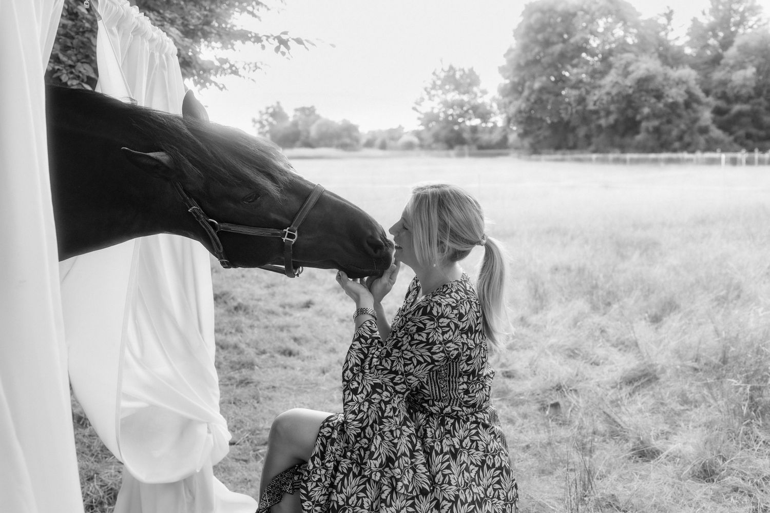Close-up portrait showcasing an intimate moment between a person and a white horse.