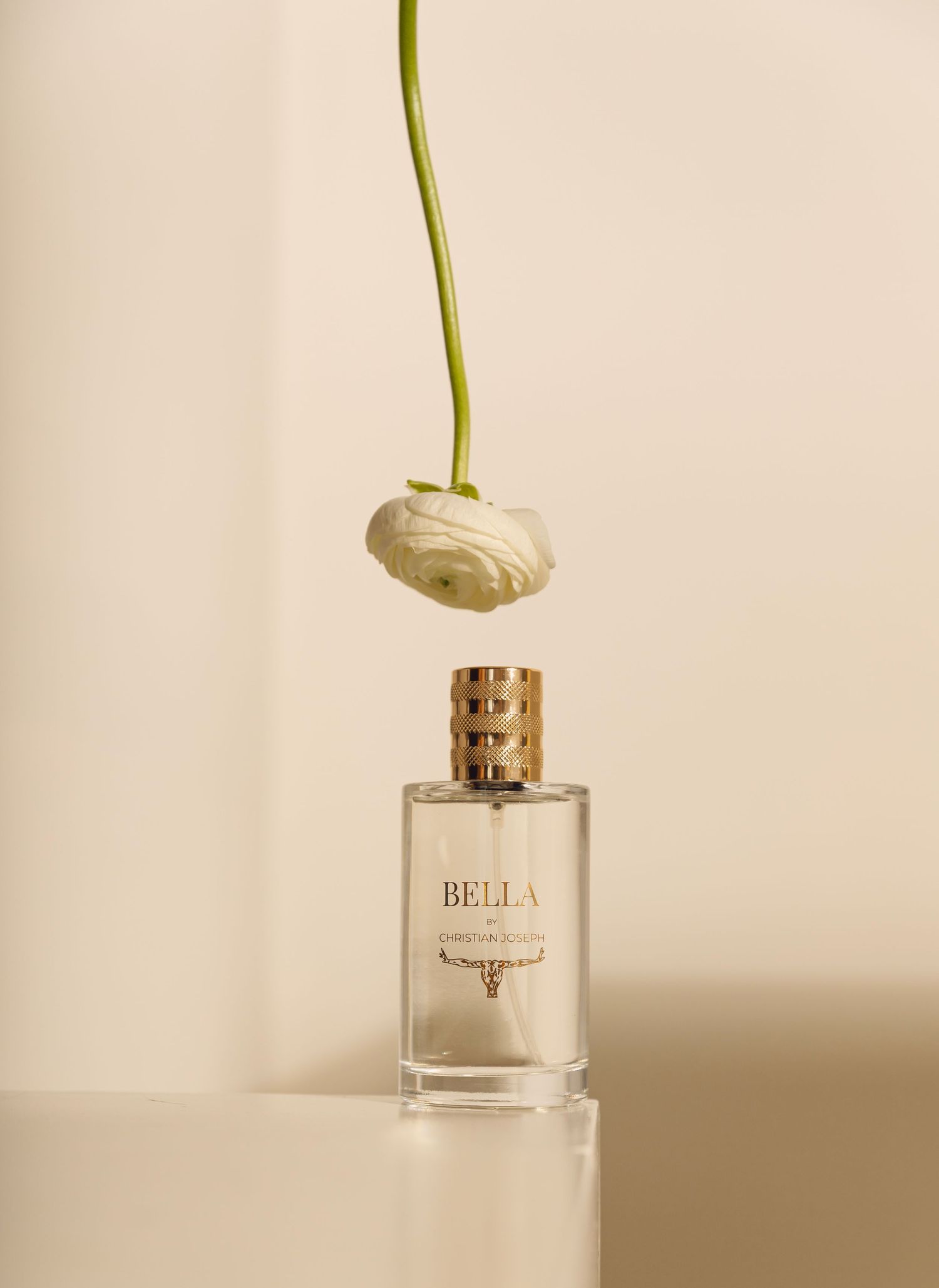 A minimalist perfume bottle labeled 'BELLA' with a white rose flower placed on top against a neutral background.