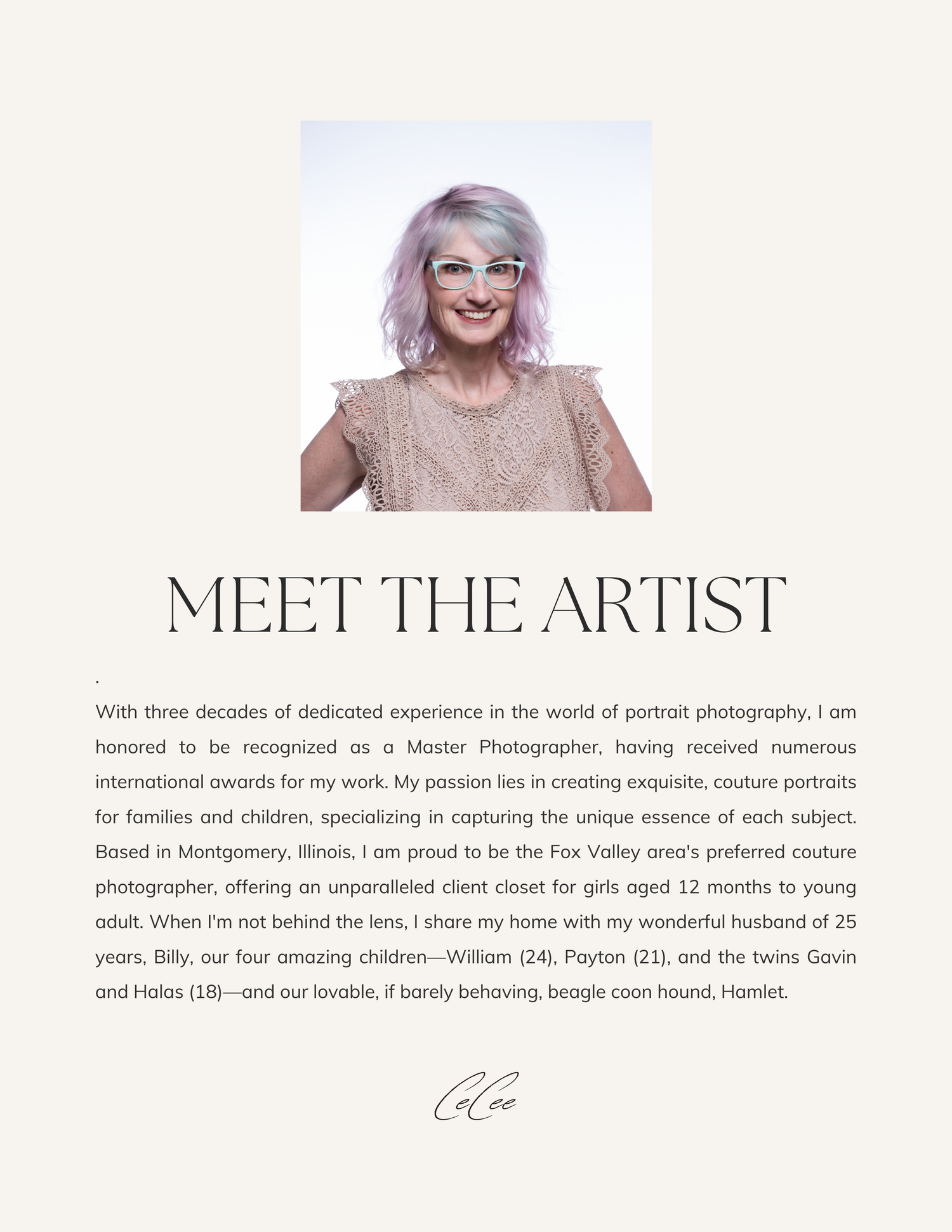 Clean white photography studio website design with meet the artist section.